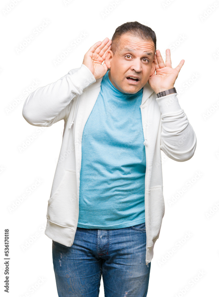 Middle age arab man wearing sweatshirt over isolated background Trying to hear both hands on ear gesture, curious for gossip. Hearing problem, deaf