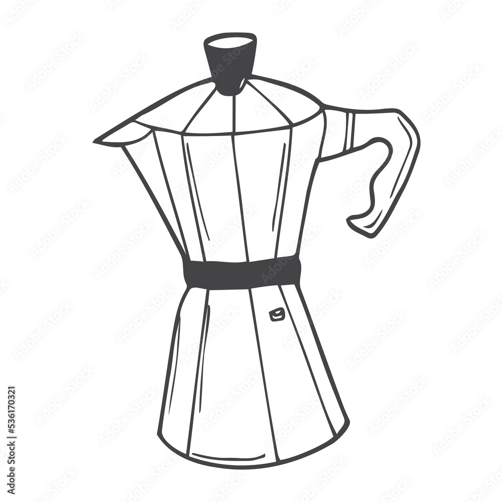 Moka pot Coffeemaker sketch engraving raster illustration. Scratch board style imitation. Black and white hand drawn image. Moka pot Coffeemaker sketch engraving raster illustration. Scratch board style imitation. Black and white hand drawn image.