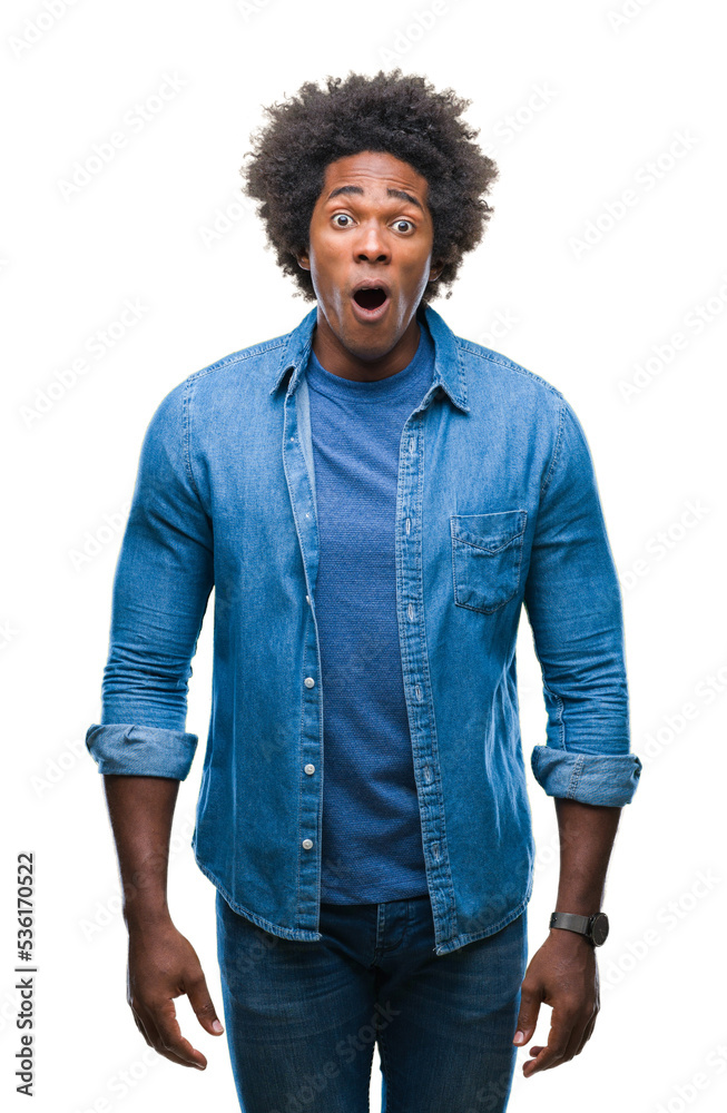 Afro american man over isolated background afraid and shocked with surprise expression, fear and excited face. Afro american man over isolated background afraid and shocked with surprise expression, fear and excited face.
