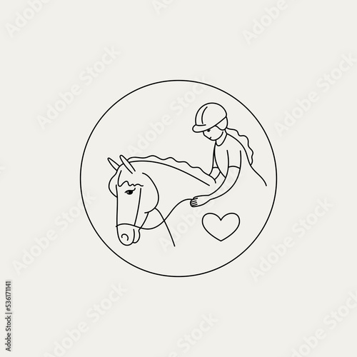 Horse riding doodle line icon. Vector outline illustration of girl on a horse