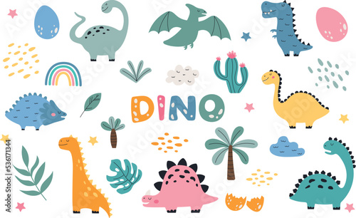 Set of cute isolated dinosaurs with graphic elements. Fantastic dinosaurs and other nature elements. Vector illustration in cartoon style