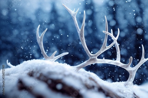 Tela Abstract computer generated white stag deer antlers against a winter snow forest background 3D illustration