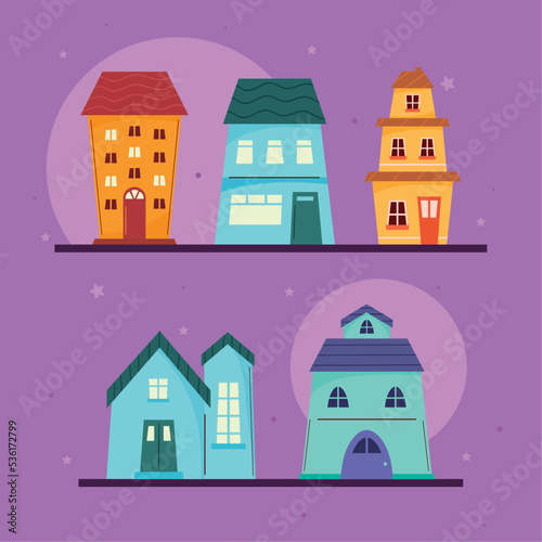 five houses fronts facades