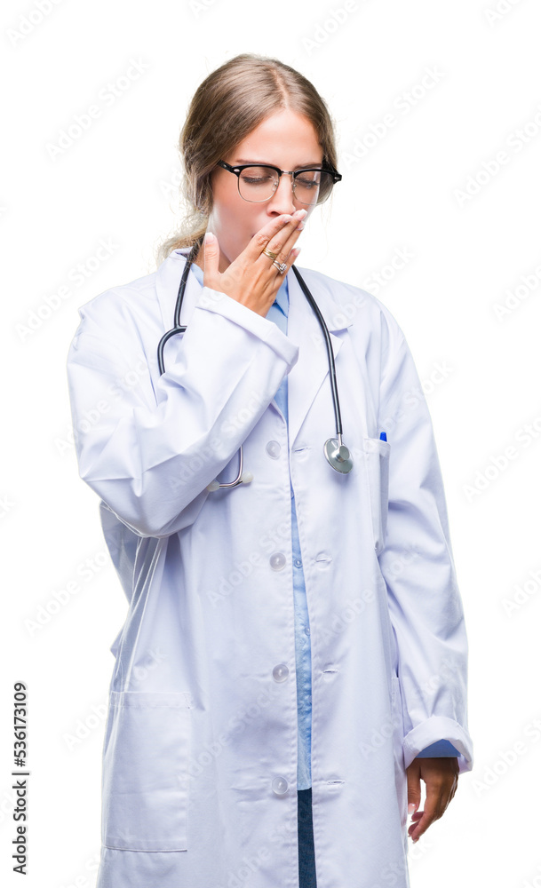 Beautiful young blonde doctor woman wearing medical uniform over isolated background bored yawning tired covering mouth with hand. Restless and sleepiness. Beautiful young blonde doctor woman wearing medical uniform over isolated background bored yawning tired covering mouth with hand. Restless and sleepiness.