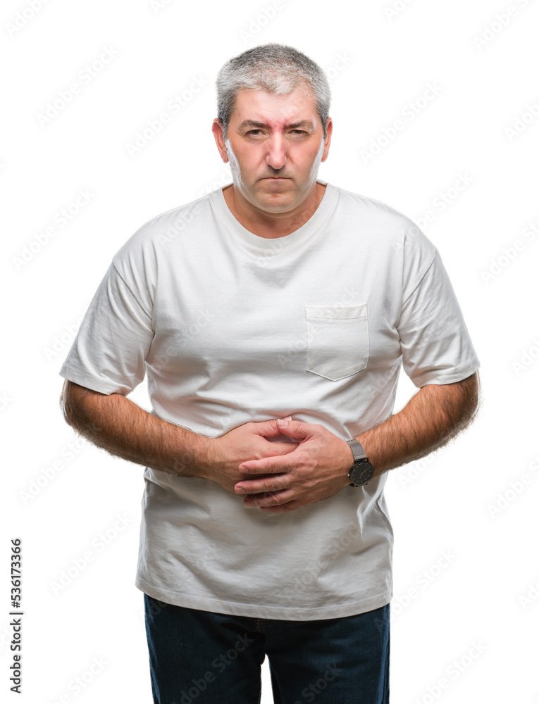 Handsome senior man over isolated background with hand on stomach because indigestion, painful illness feeling unwell. Ache concept. Handsome senior man over isolated background with hand on stomach because indigestion, painful illness feeling unwell. Ache concept.