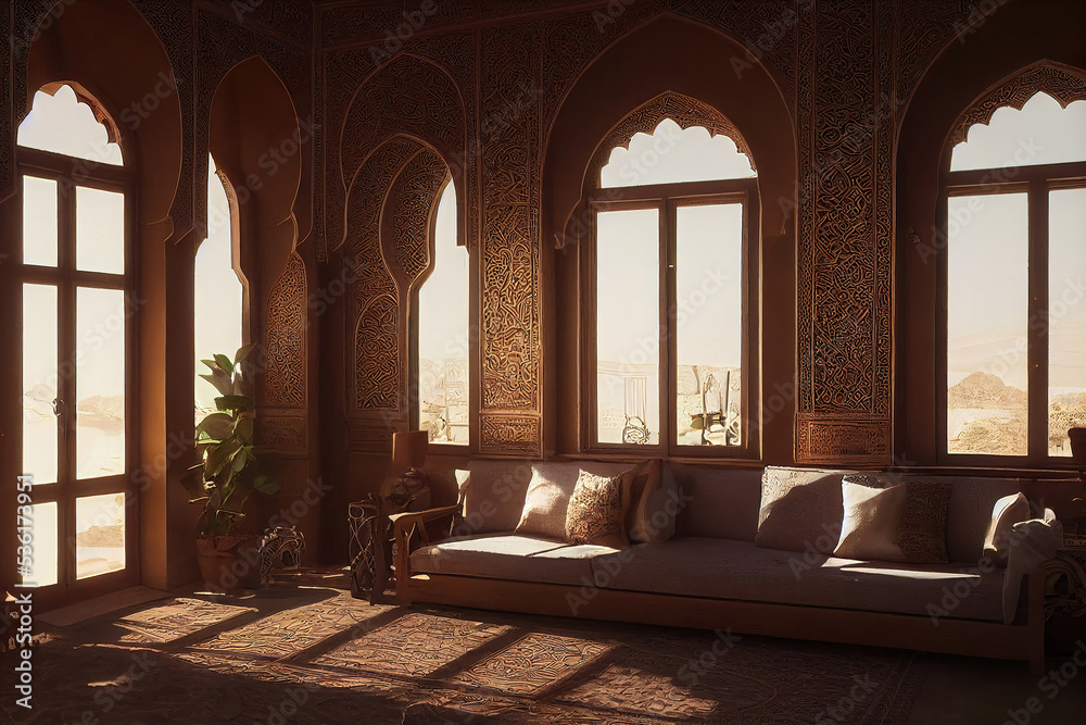 interior of a mosque, middle eastern, morocco building interior background, 3d render, 3d illustration, digital illustration, digital painting, cg artwork, realistic illustration	
