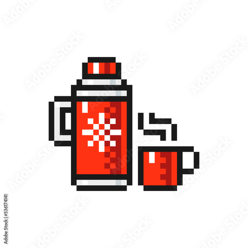 Thermos with mug of hot drink icon in pixel art design isolated on white background, Christmas and New Year vector sign symbol.