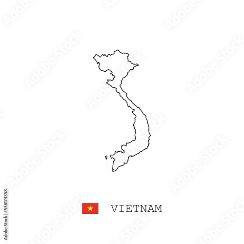Vietnam vector map outline, line, linear. Vietnam black map on white background. Vietnam flag