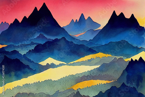 Mountains.  Hilly landscape illustration. Watercolor mountains silhouettes