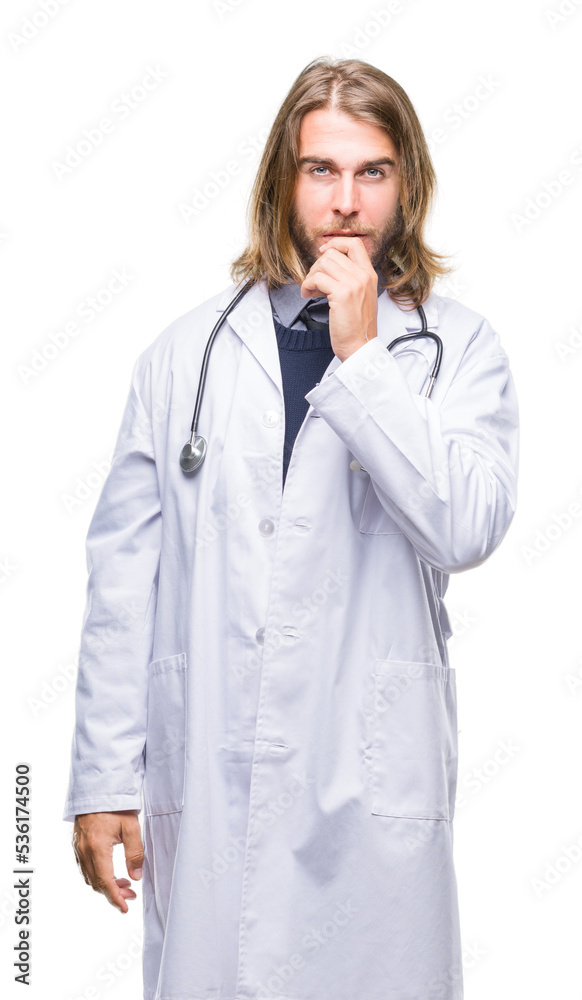 Young handsome doctor man with long hair over isolated background looking confident at the camera with smile with crossed arms and hand raised on chin. Thinking positive. Young handsome doctor man with long hair over isolated background looking confident at the camera with smile with crossed arms and hand raised on chin. Thinking positive.