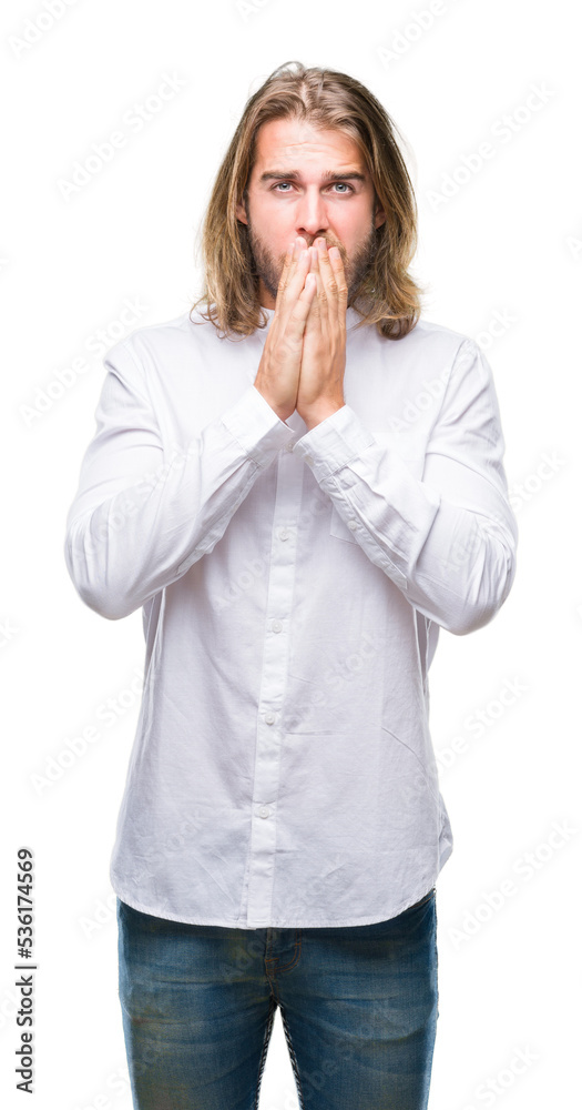 Young handsome man with long hair over isolated background shocked covering mouth with hands for mistake. Secret concept. Young handsome man with long hair over isolated background shocked covering mouth with hands for mistake. Secret concept.