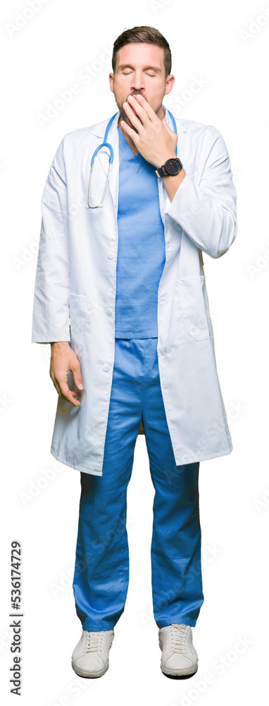 Handsome doctor man wearing medical uniform over isolated background bored yawning tired covering mouth with hand. Restless and sleepiness. Handsome doctor man wearing medical uniform over isolated background bored yawning tired covering mouth with hand. Restless and sleepiness.