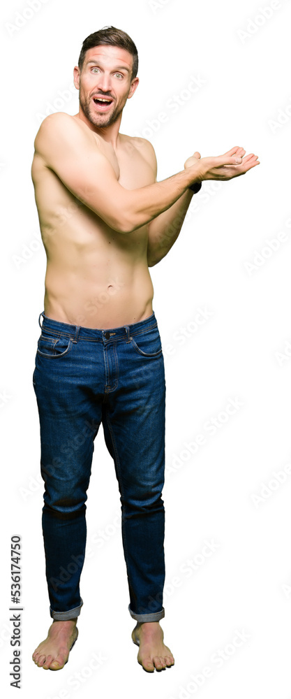 Handsome shirtless man showing nude chest Pointing to the side with hand and open palm, presenting ad smiling happy and confident Handsome shirtless man showing nude chest Pointing to the side with hand and open palm, presenting ad smiling happy and confident