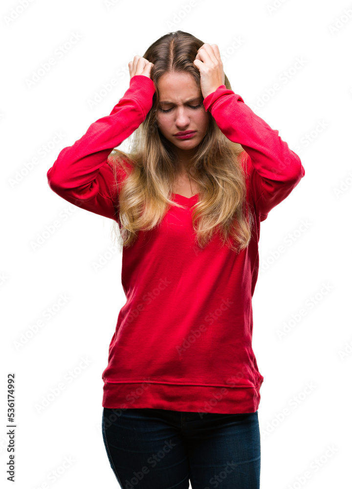 Young beautiful blonde woman wearing red sweater over isolated background suffering from headache desperate and stressed because pain and migraine. Hands on head. Young beautiful blonde woman wearing red sweater over isolated background suffering from headache desperate and stressed because pain and migraine. Hands on head.