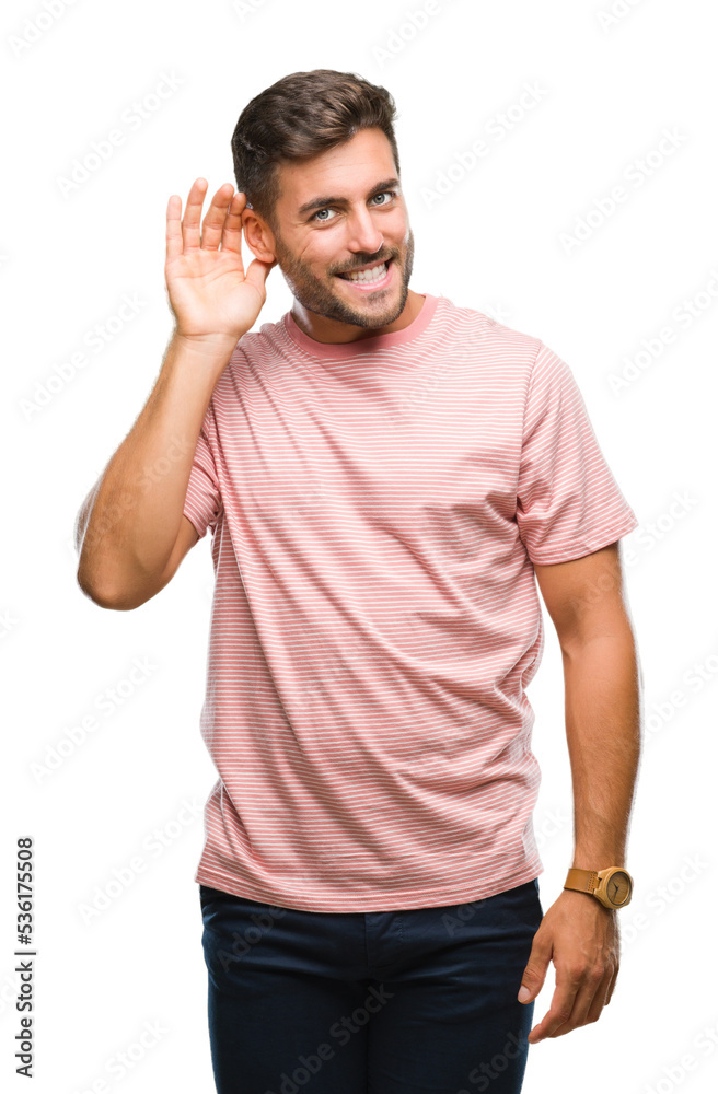 Young handsome man over isolated background smiling with hand over ear listening an hearing to rumor or gossip. Deafness concept. Young handsome man over isolated background smiling with hand over ear listening an hearing to rumor or gossip. Deafness concept.