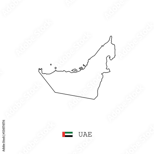 UAE vector map outline, line, linear. United Arab Emirates black map on white background. UAE flag