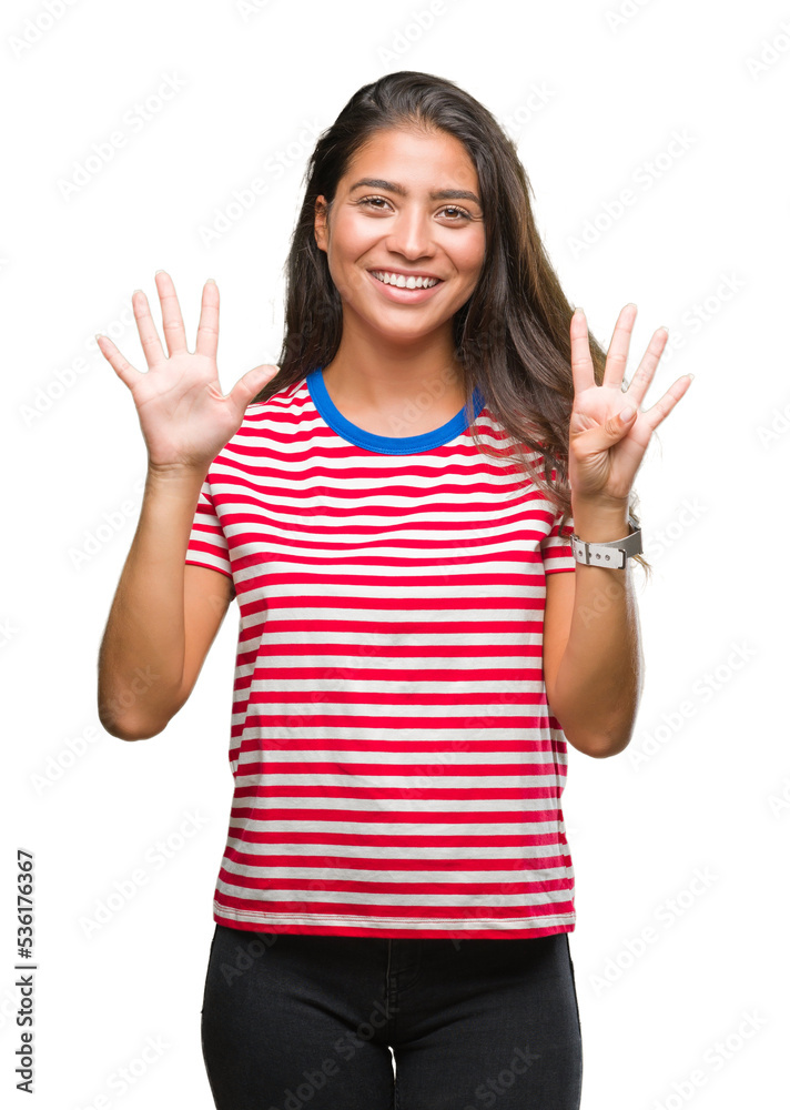 Young beautiful arab woman over isolated background showing and pointing up with fingers number nine while smiling confident and happy. Young beautiful arab woman over isolated background showing and pointing up with fingers number nine while smiling confident and happy.
