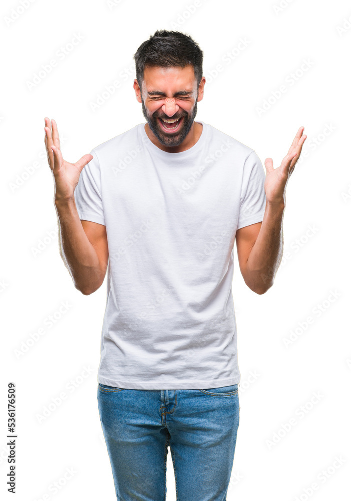 Adult hispanic man over isolated background celebrating mad and crazy for success with arms raised and closed eyes screaming excited. Winner concept Adult hispanic man over isolated background celebrating mad and crazy for success with arms raised and closed eyes screaming excited. Winner concept