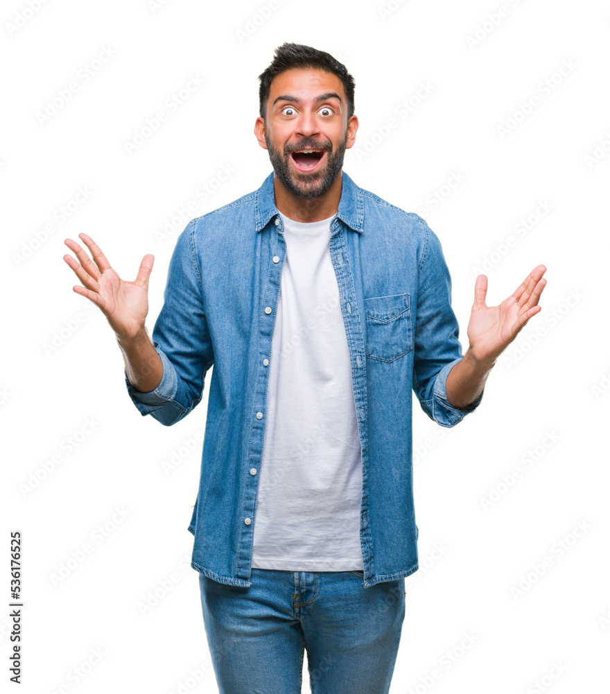 Adult hispanic man over isolated background celebrating crazy and amazed for success with arms raised and open eyes screaming excited. Winner concept Adult hispanic man over isolated background celebrating crazy and amazed for success with arms raised and open eyes screaming excited. Winner concept