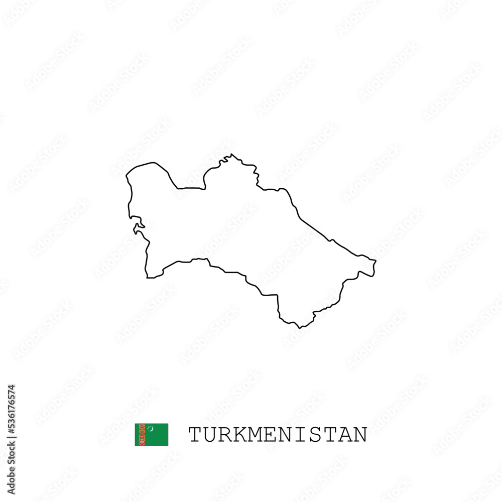 Turkmenistan vector map outline, line, linear. Turkmenistan black map on white background. Turkmenistan flag