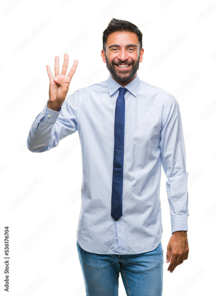 Adult hispanic business man over isolated background showing and pointing up with fingers number four while smiling confident and happy. Adult hispanic business man over isolated background showing and pointing up with fingers number four while smiling confident and happy.