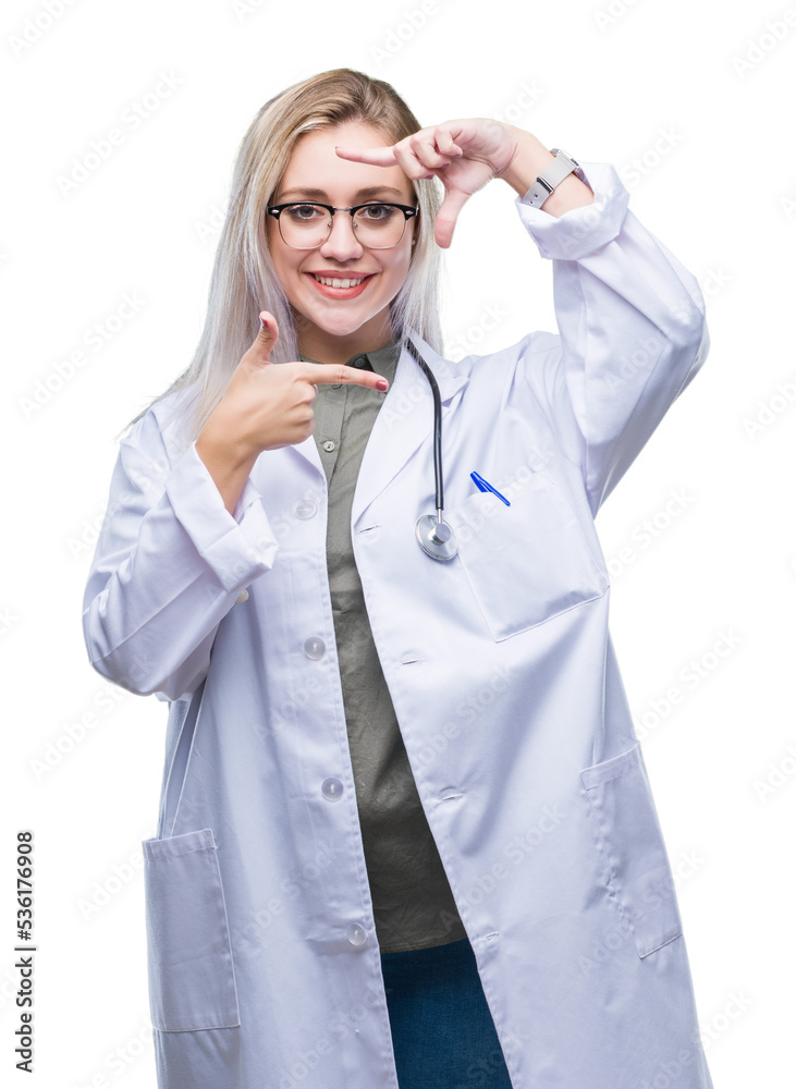 Young blonde doctor woman over isolated background smiling making frame with hands and fingers with happy face. Creativity and photography concept. Young blonde doctor woman over isolated background smiling making frame with hands and fingers with happy face. Creativity and photography concept.