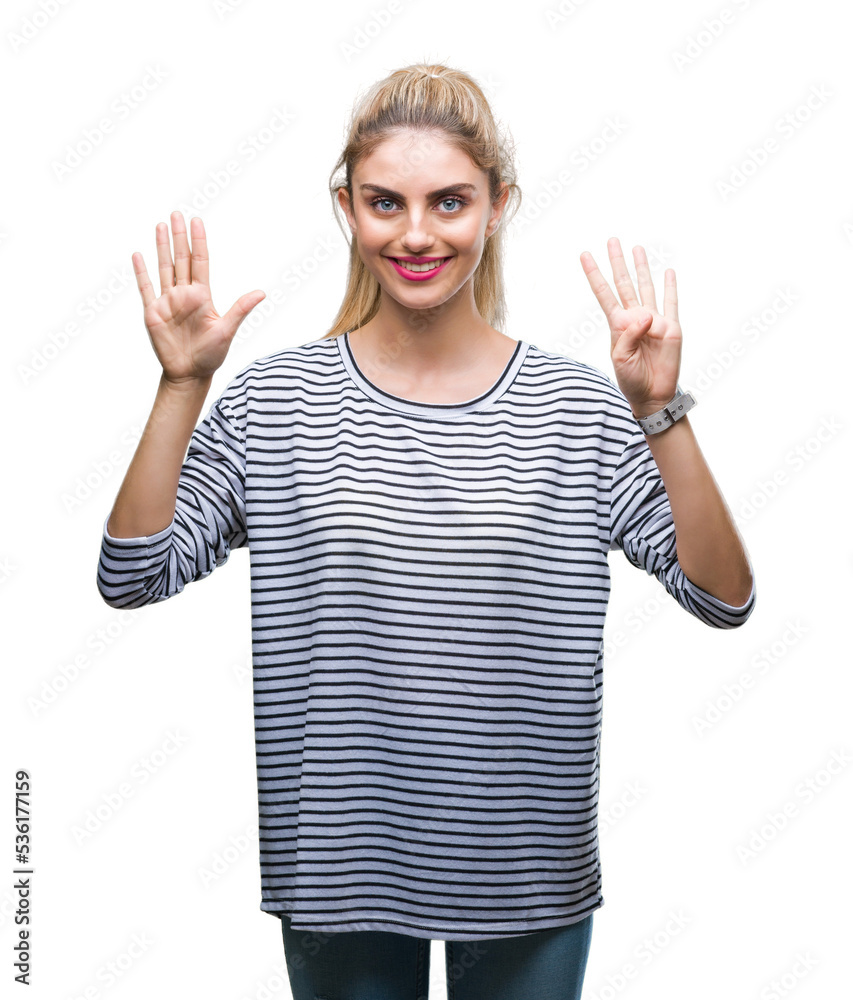 Young beautiful blonde woman wearing stripes sweater over isolated background showing and pointing up with fingers number nine while smiling confident and happy. Young beautiful blonde woman wearing stripes sweater over isolated background showing and pointing up with fingers number nine while smiling confident and happy.