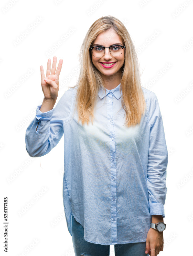 Young beautiful blonde business woman wearing glasses over isolated background showing and pointing up with fingers number four while smiling confident and happy. Young beautiful blonde business woman wearing glasses over isolated background showing and pointing up with fingers number four while smiling confident and happy.