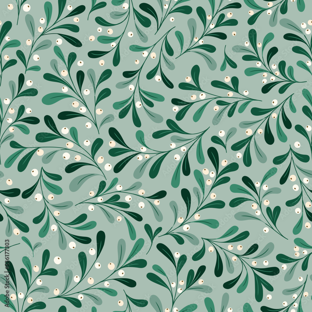 Christmas Foliage and Berries Vector Seamless Pattern. Mistletoe Twigs. Winter Holidays Festive Print. Festive Botanical Design