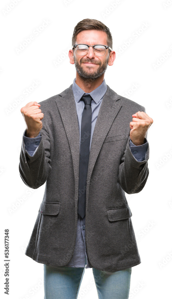 Young handsome business man over isolated background very happy and excited doing winner gesture with arms raised, smiling and screaming for success. Celebration concept. Young handsome business man over isolated background very happy and excited doing winner gesture with arms raised, smiling and screaming for success. Celebration concept.