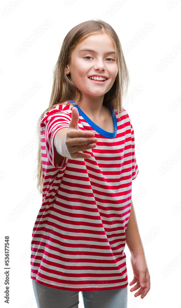 Young beautiful girl over isolated background smiling friendly offering handshake as greeting and welcoming. Successful business. Young beautiful girl over isolated background smiling friendly offering handshake as greeting and welcoming. Successful business.
