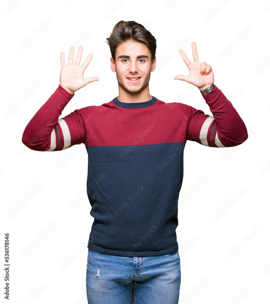 Young handsome man over isolated background showing and pointing up with fingers number eight while smiling confident and happy. Young handsome man over isolated background showing and pointing up with fingers number eight while smiling confident and happy.