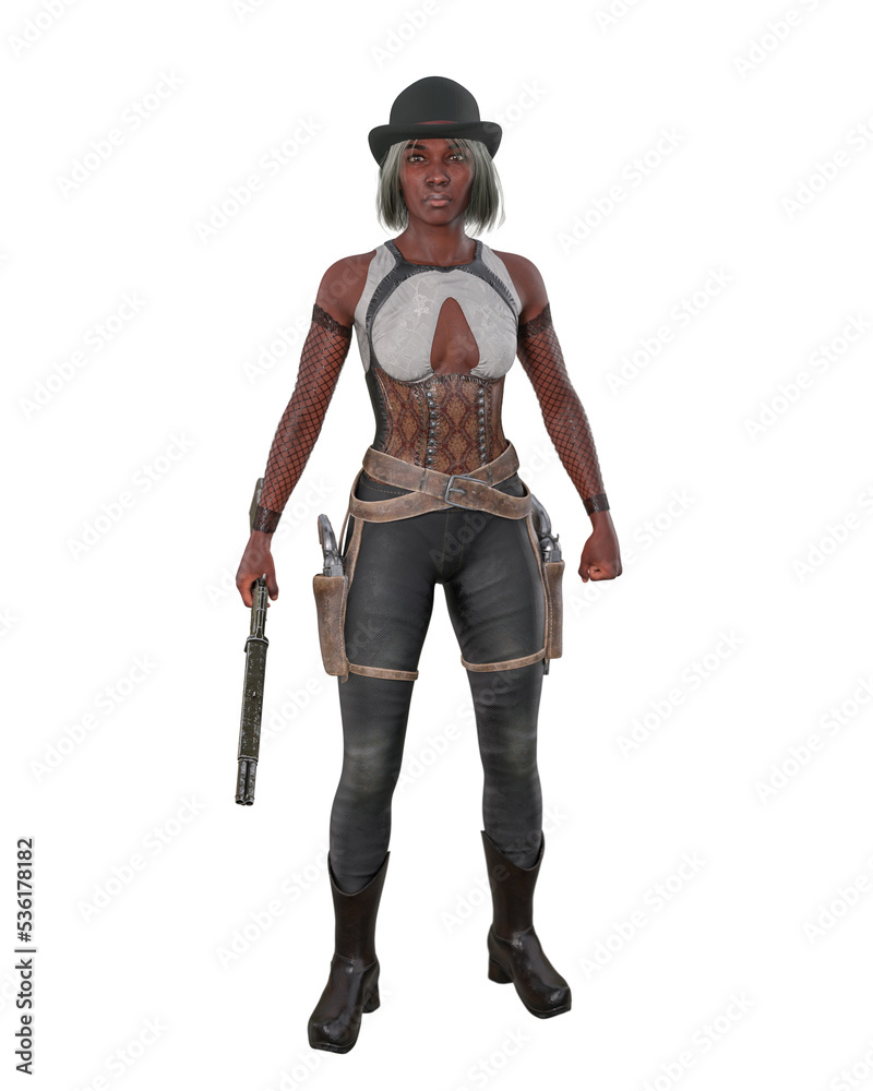 Tall attractive black woman standing in wild west style outfit with two holstered revolvers and a rifle in her hand. 3D rendering isolated. Tall attractive black woman standing in wild west style outfit with two holstered revolvers and a rifle in her hand. 3D rendering isolated.