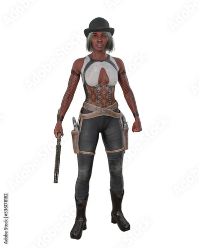 Tall attractive black woman standing in wild west style outfit with two holstered revolvers and a rifle in her hand. 3D rendering isolated. © IG Digital Arts