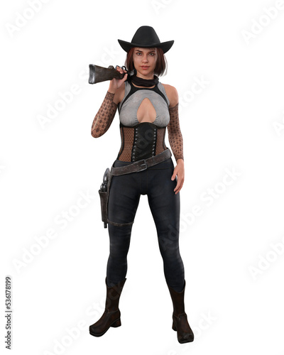 Beautiful red haired woman standing in western style outfit with holstered revolver on a gun belt and rifle held over her shoulder. 3D illustration isolated.