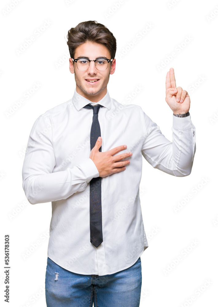 Young business man wearing glasses over isolated background Swearing with hand on chest and fingers, making a loyalty promise oath Young business man wearing glasses over isolated background Swearing with hand on chest and fingers, making a loyalty promise oath