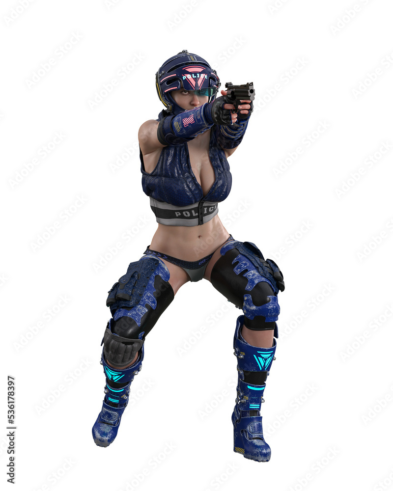 Futuristic cyberpunk police woman in action pose aiming her gun. 3D illustration isolated.