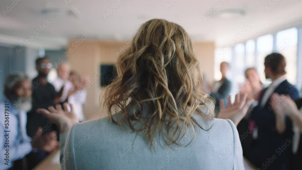 Business woman, presentation success and applause by other staff in corporate conference room. Thank you, diversity in the office, strategy and support for working in collaboration during meeting.