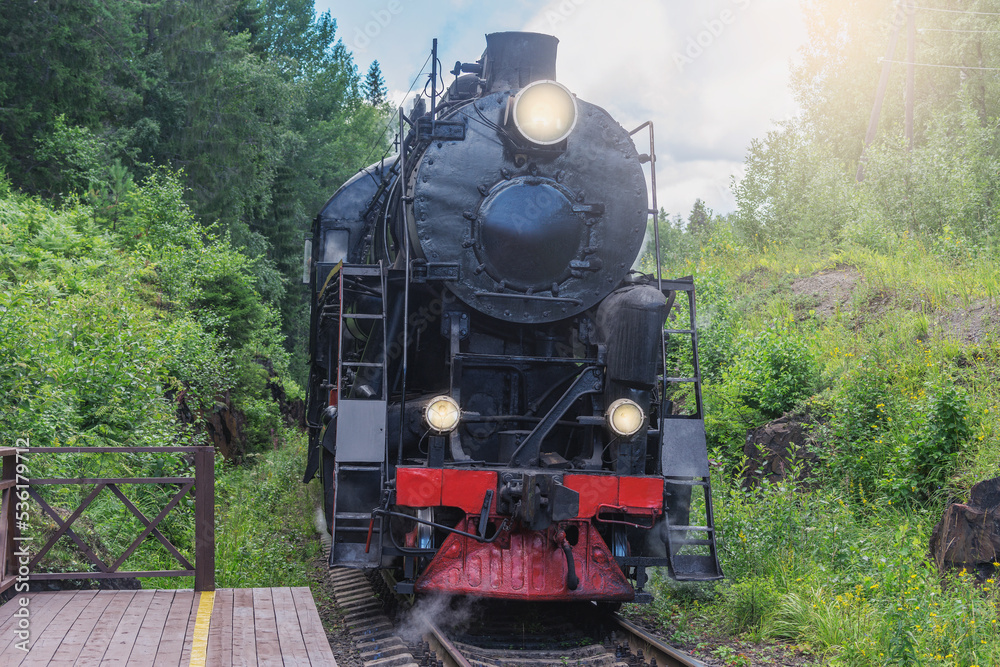 Naklejka premium Retro steam train approaches to the platform.