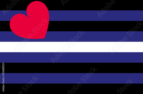 Leather pride flag vector illustration. LGBTQ+ community. Fetish flag for the leather community. Represent the leather kink, denim, bondage, uniforms, and other fetishes. Heart on strips symbol.