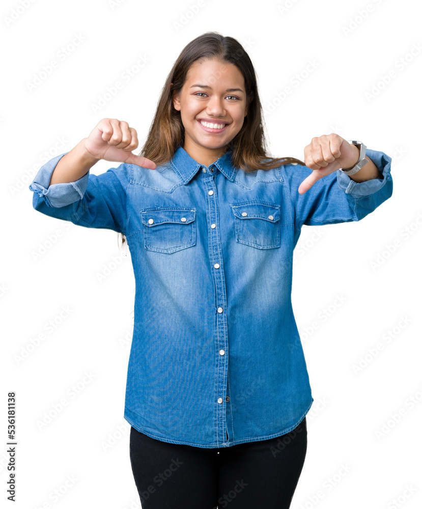 Young beautiful brunette woman wearing blue denim shirt over isolated background looking confident with smile on face, pointing oneself with fingers proud and happy. Young beautiful brunette woman wearing blue denim shirt over isolated background looking confident with smile on face, pointing oneself with fingers proud and happy.