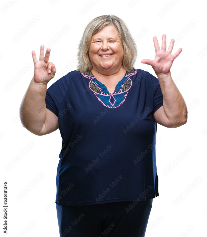 Senior plus size caucasian woman over isolated background showing and pointing up with fingers number eight while smiling confident and happy. Senior plus size caucasian woman over isolated background showing and pointing up with fingers number eight while smiling confident and happy.