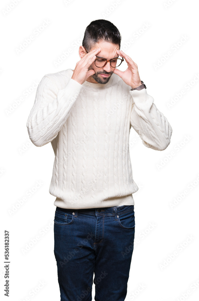 Young handsome man wearing glasses over isolated background with hand on head for pain in head because stress. Suffering migraine. Young handsome man wearing glasses over isolated background with hand on head for pain in head because stress. Suffering migraine.
