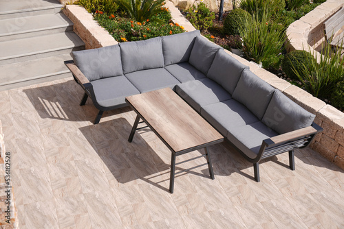 Outdoor Patio Furniture Set, Sectional Sofa Cushions, Wooden Conversation Seat Couches Table, Cushioned Garden Sofa Set for Outdoor (Grey),from above 