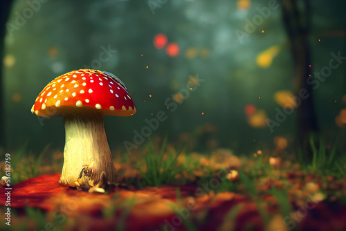 amanita muscaria mushrooms in autumn forest, natural bright sunny background. autumn time. Fly agaric, wild poisonous red mushroom in yellow-orange fallen leaves. Digital art illustration. 3d render
