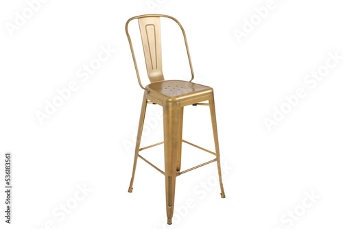 gold color chair  Metal  metal chair  modern designer. Isolated chair on a white background side shot 