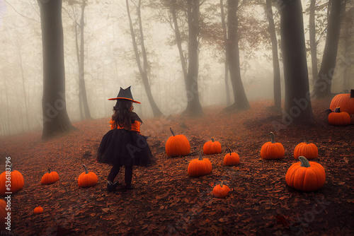 A girl in a witch costume on Halloween in a spooky forest with fog and pumpkins. photo