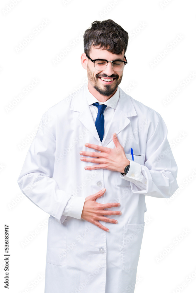 Young professional scientist man wearing white coat over isolated background Smiling and laughing hard out loud because funny crazy joke. Happy expression. Young professional scientist man wearing white coat over isolated background Smiling and laughing hard out loud because funny crazy joke. Happy expression.