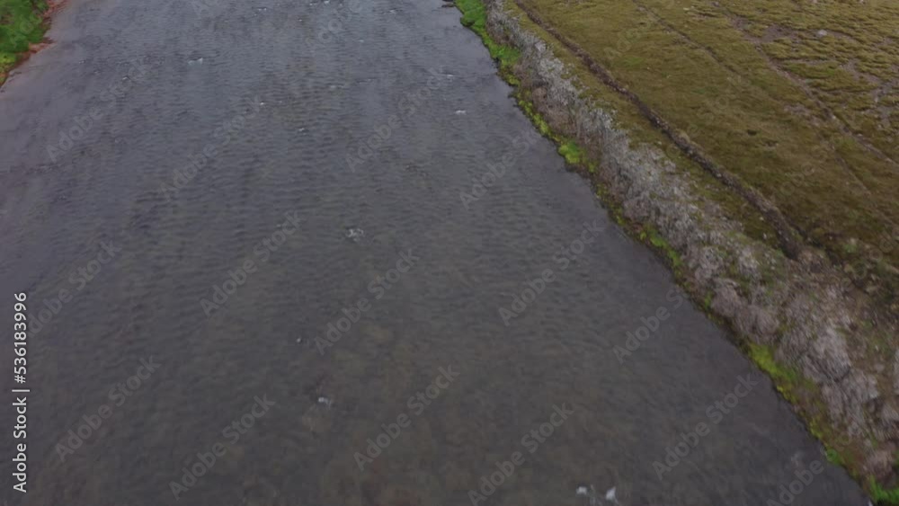 Drone Flight Over River And Waterfall In Klougljufur Canyon