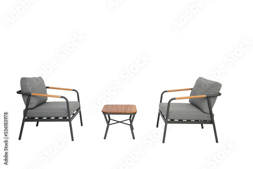 2 gray sofa and table made of metal and wood in the yard , White background
